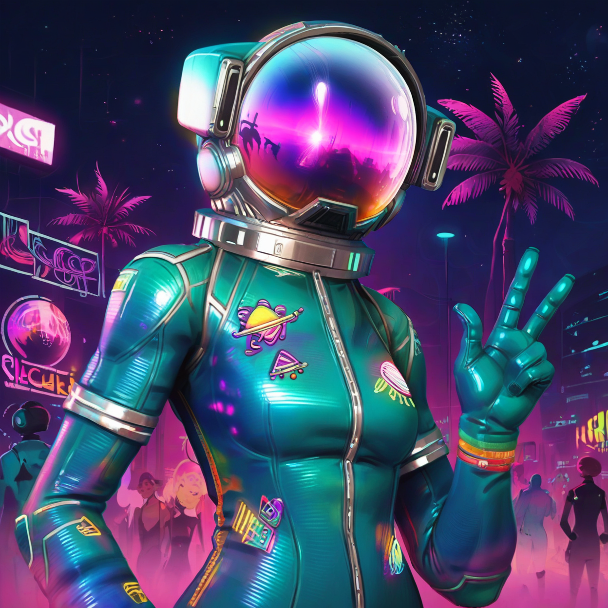 score_9, score_8_up, score_7_up, 1girl, solo,  <lora:hazardcosmosf:0.85>, bioluminescent, gesture, light teal suit, latex, (wide hips, from below), (beautiful curvy woman in psychedelic rainbow space suit:0.7),  reflective visor, young, petite, detailed body, detailed suit, bodysuit, hazardcosmosf, fortnite-cosmos, Coachella, realism, pastel colors, (dynamic pose:1.2), pastel body suit with white lines, psychedelic pattern, (thin waist), suit transitions from teal to light blue to pink to yellow, detailed space helmet,  (upper body), LSD pins, helmet, futuristic suit, teal gloves, outdoors, dark atmosphere,  <lora:g0th1cPXL:0.8>, night, gothic, rave, neon, glow, palm tree reflection in visor,  <lora:incase---1:0.6>, dark atmosphere, dark