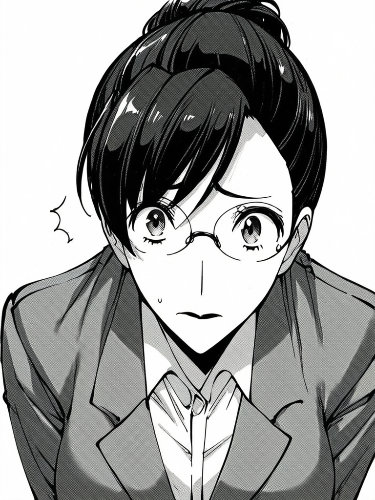 score_9, score_8_up, score_7_up, 
1girl, monochrome, ino ayako, hair bun, black hair, asymmetrical bangs, glasses, large breasts, lipstick,

face, white background, formale, grey jacket, white shirt, collared shirt, closed mouth, nervous, wide-eyed, looking at viewer,