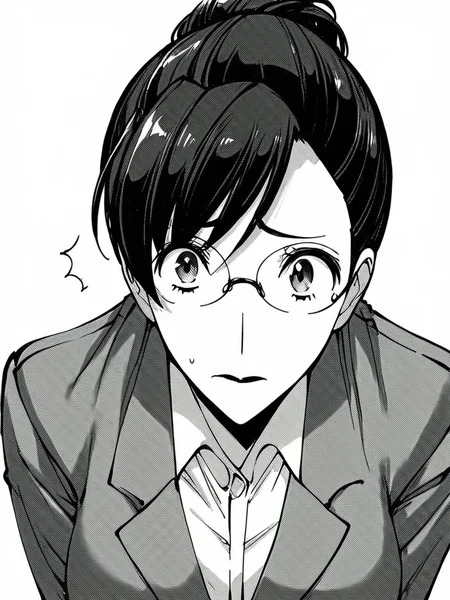 score_9, score_8_up, score_7_up,
1girl, monochrome, ino ayako, hair bun, black hair, asymmetrical bangs, glasses, large breasts, lipstick,
face, white background, formale, grey jacket, white shirt, collared shirt, closed mouth, nervous, wide-eyed, looking at viewer,