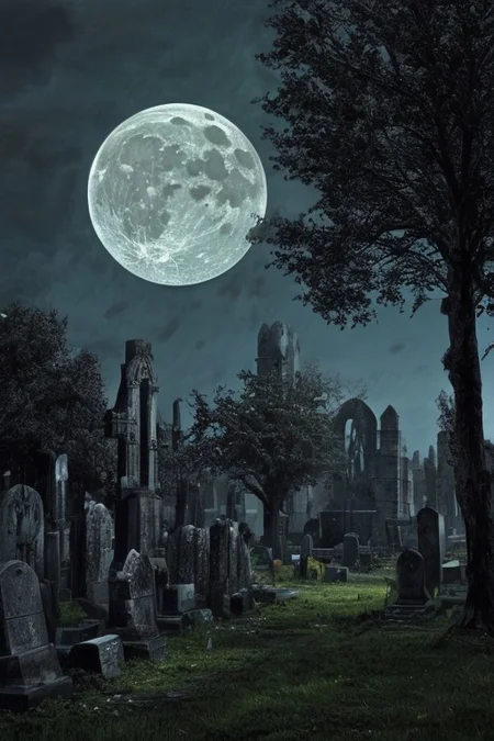 1bird+++, black raven+++, bright glowing yellow eyes, sitting on tombstone, irish graveyard, irish church ruins in background, full moon, clouds, trees, mist, fog, backlight, gloomy