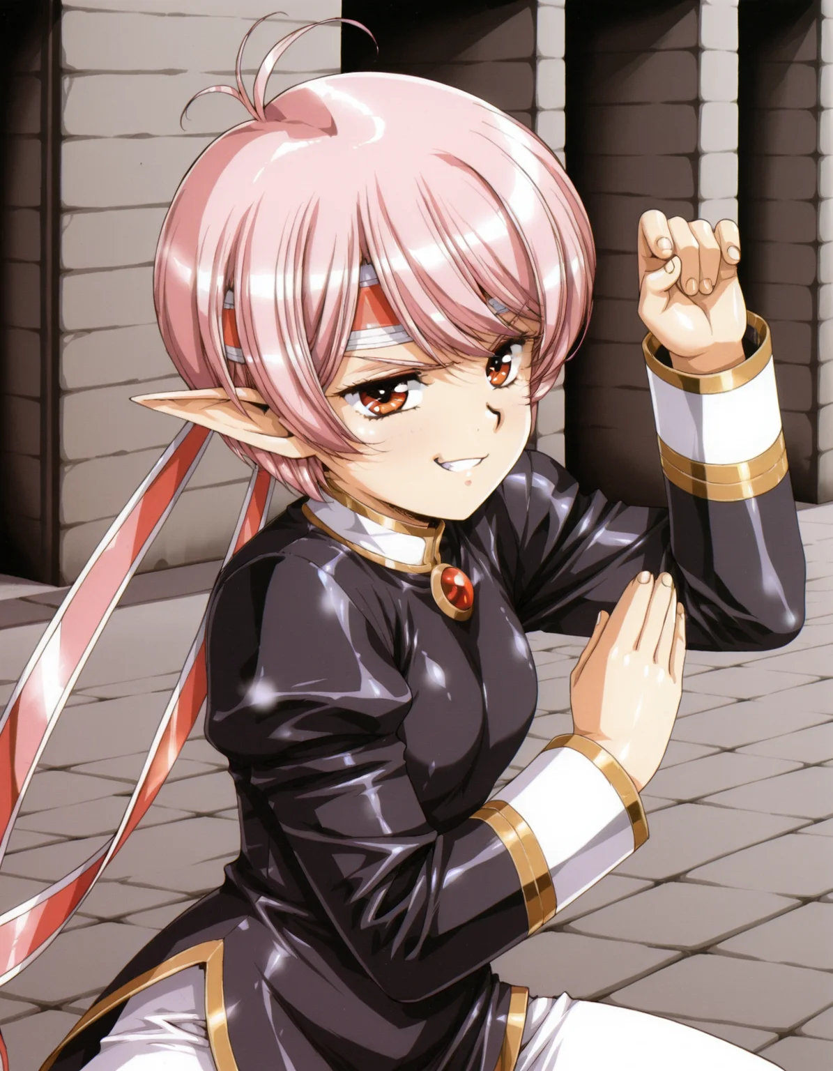 <lora:tippi-v2-illustrious-000134:0.9> tippi, headband, juliet sleeves, black shirt,
1girl, solo, smirk, fighting stance, medieval, outdoors