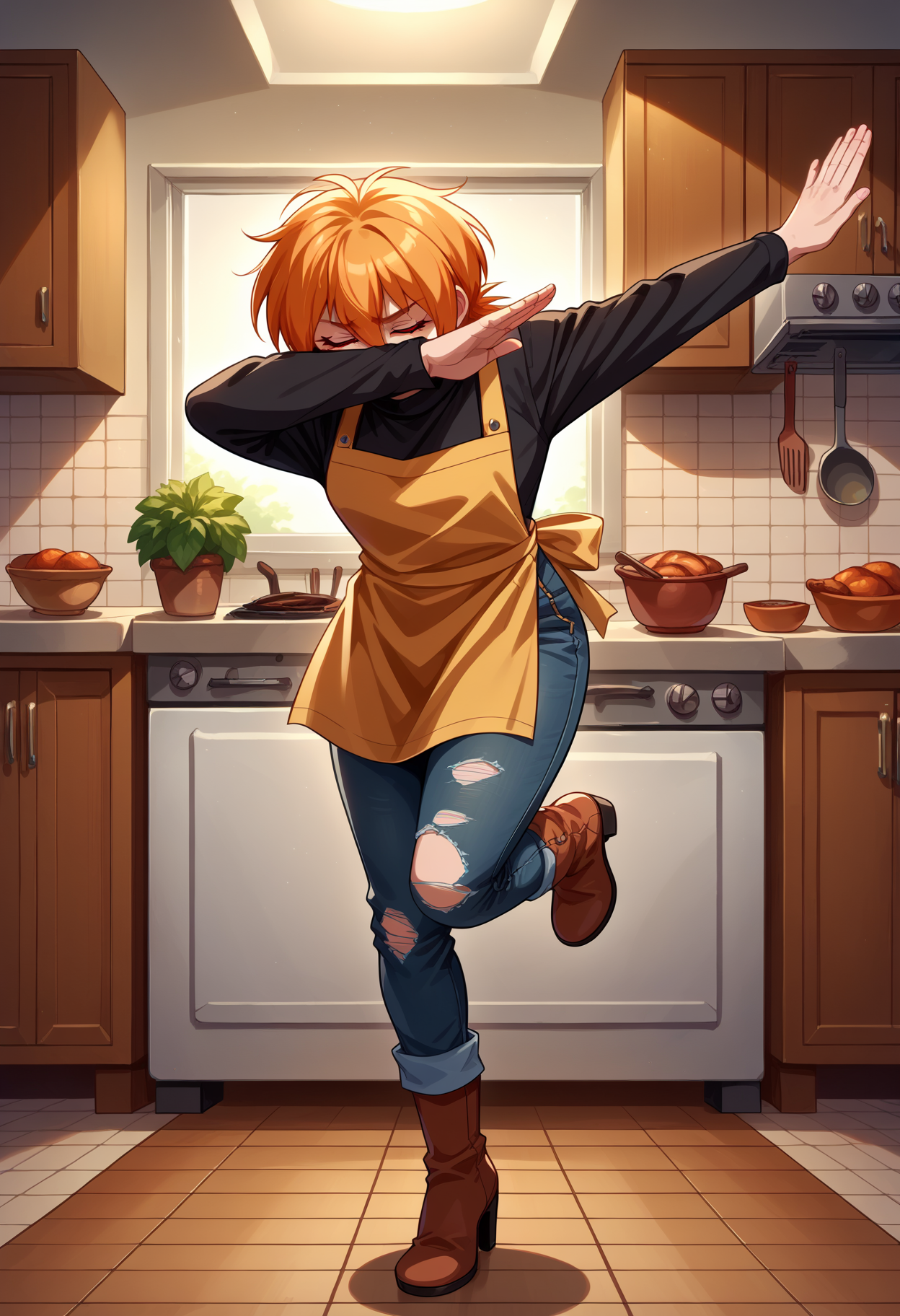 score_9, score_8_up,score_7_up, source_anime, 1girl, solo, <lora:EPhsSeras:1>,
orange hair, short hair, red eyes, hair between eyes,
SerVic, black sweater, turtleneck, jeans, torn jeans, high heel boots, apron, 
<lora:EPdab:1>, epdabbing, outstretched arm, covered face, closed eyes, standing on one leg,
indoors, kitchen,
