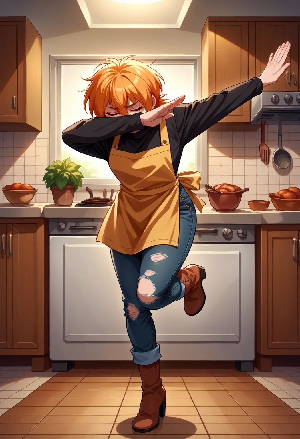 score_9, score_8_up,score_7_up, source_anime, 1girl, solo, <lora:EPhsSeras:1>,
orange hair, short hair, red eyes, hair between eyes,
SerVic, black sweater, turtleneck, jeans, torn jeans, high heel boots, apron,
<lora:EPdab:1>, epdabbing, outstretched arm, covered face, closed eyes, standing on one leg,
indoors, kitchen,
