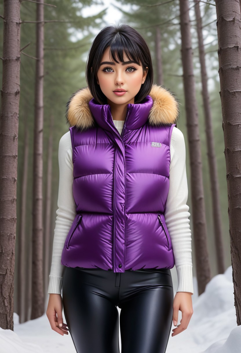 ((((puffer padded vest)))), ((((puffer padded vest)))), ((((full body)))), ((((fur boots)))), ((((puffer pants)))), winter, snow, forest, 1girl, solo, (masterpiece), detailed face, detailed eyes, (beautiful detailed eyes:1.5), sidelighting, (super detail, hyper detail, intricate_details, detailed), (semi realistic:1.6), (Bob cut), blunt bangs,(black hair), (purple eyes, eyelashs), smug smile, angry face, golden armlets, padded collar, Thick padded collar, <lora:Collar-SDXL:0.6>, <lora:cropped_puffer_vest_v2:0.4>, <lora:snowpants_v1:0.4>