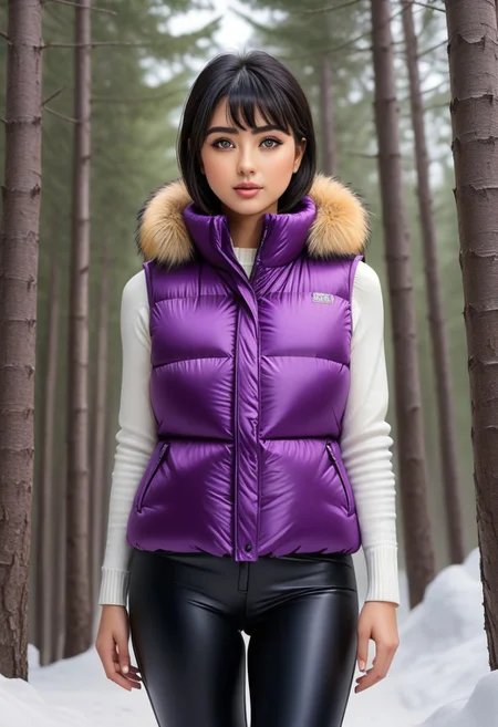 ((((puffer padded vest)))), ((((puffer padded vest)))), ((((full body)))), ((((fur boots)))), ((((puffer pants)))), winter, snow, forest, 1girl, solo, (masterpiece), detailed face, detailed eyes, (beautiful detailed eyes:1.5), sidelighting, (super detail, hyper detail, intricate_details, detailed), (semi realistic:1.6), (Bob cut), blunt bangs,(black hair), (purple eyes, eyelashs), smug smile, angry face, golden armlets, padded collar, Thick padded collar, <lora:Collar-SDXL:0.6>, <lora:cropped_puffer_vest_v2:0.4>, <lora:snowpants_v1:0.4>