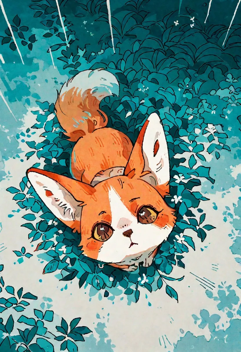 best quality, masterpiece, newest, absurd res, hi res, very awa, corgi, foxears, foxtail, honovy, studio ghibli, (juanmao1997:0.8), (tianliang duohe fangdongye:0.8),(akai sashimi:0.6), (mucknagabe:0.6), (reoen:0.4), realistic feral, slim, no sclera, solo, looking at viewer, curious, hiding in bushes, looking up at viewer, high-angle view, corrugated metal, rust, (alleyway, urban, village:1.1), cluttered, overgrown, vegetation, (rural:0.8), no humans, animal focus, japan, overcast, rain, mist, early morning, dim, ethereal, cinematic lighting, postcard, (lineart:0.6), watercolor, novel illustration, vintage,