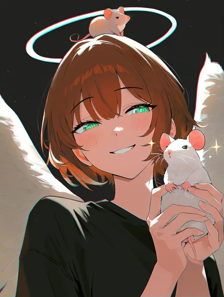 <lora:misaka-gou_s64:1> chromatic aberration,halo,highres,holding animal,black shirt,animal,holding,angel wings,short hair,sparkle,smile,absurdres,mouse on head,troll face,upper body,green eyes,wings,1girl,brown hair,shirt,mouse \(animal\), masterpiece, best quality, newest, very awa, absurdres, highres