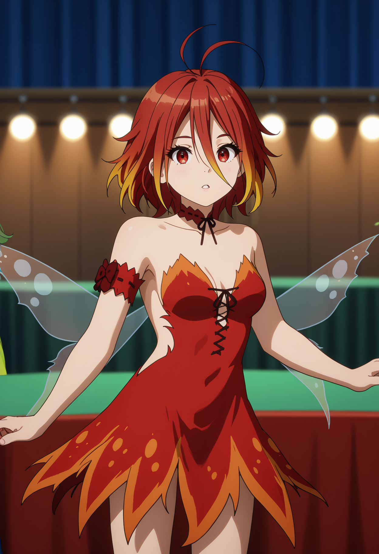 score_7_up, anime screencap,
<lora:AmagiBrilliantPark_SalamaXL:0.9>, SalamaABP,
1girl, solo, parted lips,
medium hair, multicolored hair, red eyes, antenna hair,
SalamaDress, fairy wings, medium breasts, red choker, strapless dress, red dress, red armband, red bow,
standing, looking at viewer, thigh gap,
blurry background, stage lights, stage