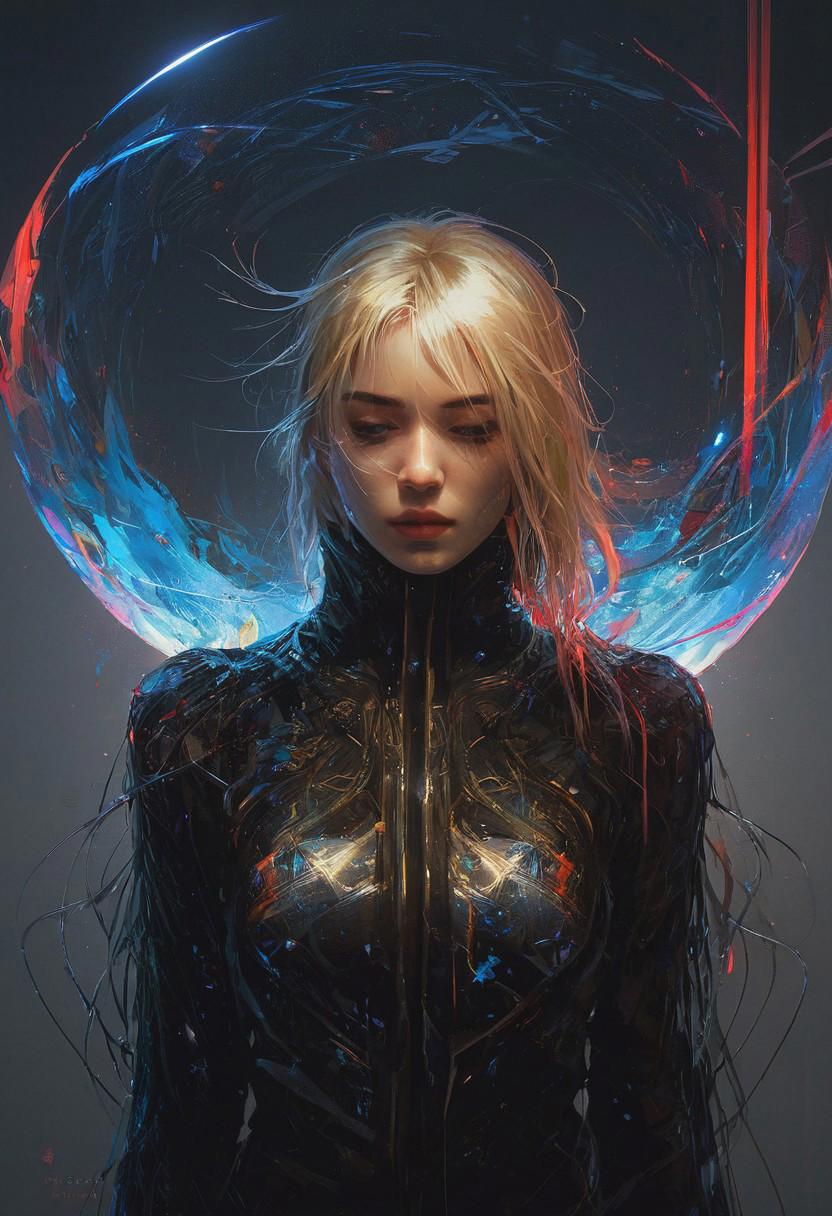 elegant blond haired abstract beauty, approaching perfection, dynamic, pitch black, highly detailed, dark, moody, low light, lowly lit, digital painting, artstation, concept art, smooth, sharp focus, illustration, art by Carne Griffiths and Wadim Kashin, black and red colors, good shadows, back lit, hidden, obscured, brushed eyebrows, busty, cleavage, (prisms:1.6), (prismatic:1.5), (ghostly thin veil:1.6), prismatic, reflections, cyberpunk, (black light clothes:1.6), monolith, mirrors, mirror, monolithic, obsidian, sun circle, other worldly, (different dimensions:1.7), (mysterious:1.5), (portrait:1.7), blue bra,