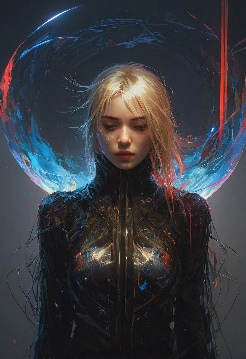 elegant blond haired abstract beauty, approaching perfection, dynamic, pitch black, highly detailed, dark, moody, low light, lowly lit, digital painting, artstation, concept art, smooth, sharp focus, illustration, art by Carne Griffiths and Wadim Kashin, black and red colors, good shadows, back lit, hidden, obscured, brushed eyebrows, busty, cleavage, (prisms:1.6), (prismatic:1.5), (ghostly thin veil:1.6), prismatic, reflections, cyberpunk, (black light clothes:1.6), monolith, mirrors, mirror, monolithic, obsidian, sun circle, other worldly, (different dimensions:1.7), (mysterious:1.5), (portrait:1.7), blue bra,