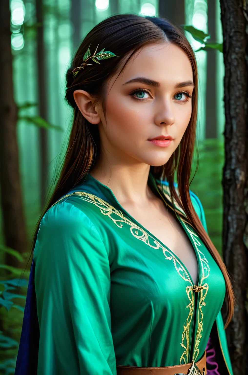 breathtaking female elf mage at night in the forest, atmospheric, cinematic, high detail, masterpiece <lora:S4ndr4_nm_4:0.75> S4ndr4 . award-winning, professional, highly detailed
