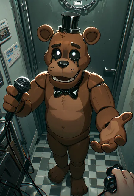 masterpiece, best quality, amazing quality, very aesthetic, absurdres, newest, detailed background,
cartoon, screencap, 
freddyit, 1boy, black mini top hat, black bowtie, bear ears, joints, teeth,  animatronic,
horror, reaching out, black tears, ruined eye make up, white pupils, black sclera, reaching out, grey walls, door chain, closed mouth, checkered floor, cctv, from above looking at camera, mechanic room, garage, metal parts, spare parts, standing, hand down, holding microphone,