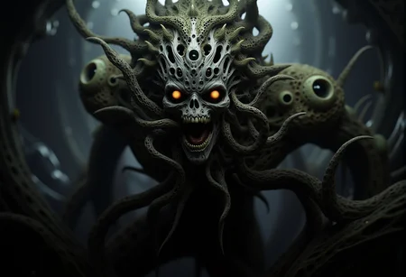 bv-mychorwo, mycelium, horror,. A close-up of a mycelium-infused humanoid with hollow, glowing eyes filled with a malevolent, ancient hunger, their face twisted in agonizing, eternal terror, covered in exposed bone twisted grotesquely by fungal invasion, captured in moody, oppressive lighting that deepens the dread, with light barely illuminating its grotesque features, surrounded by tendrils creeping towards the viewer, hinting at malevolent intent| A full-body shot of a mutated humanoid with fungi spreading relentlessly, its face a gruesome mask of terror and mycelium growth, standing in a haunted forest that seems alive, malevolence breathing through every root, featuring organic, wet surfaces that glisten with rot and corruption, rendered as a disturbing 3D render focused on raw, visceral horror| A surreal fungal entity resembling a twisted plant-like being with hollow, glowing sockets hinting at something ancient and evil, set against an alien landscape dominated by hostile, predatory fungi, depicted with sharp focus that reveals every unsettling detail of its twisted, organic form, inspired by bio-mechanical horror reminiscent of Gigerâs monstrous designs} , <lora:bv-mycelium-horror-world-v1.safetensors:1.0:1.0>