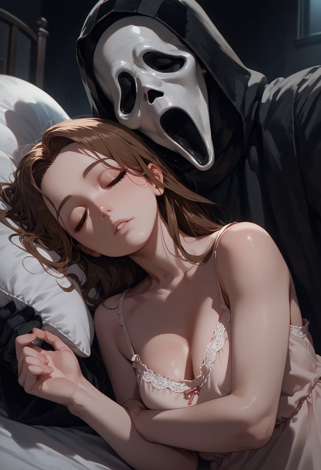 score_9, score_8_up, score_7_up, score_6_up, 1girl, brown hair, long hair, camisole, 
bed, lying, on side, pillow hug, 
1boy, ghostface, upper body, hood,sleeping, cleavage, dark room, parted lips, selfie,
<lora:ghostface_v0.2-pony:1.0>
<lora:pov_across_bed_v0.1-pony:1>
