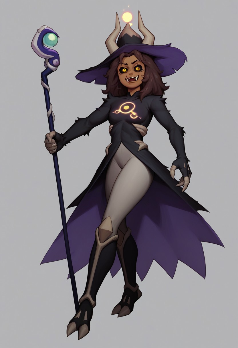 score_9, score_8_up,score_7_up, (high-contrast, cel shading), solo,, 
(LuzTitan, yellow eyes, brown skin, black sclera, horns, fangs, fur covered body, witch hat, staff, leggings, ),