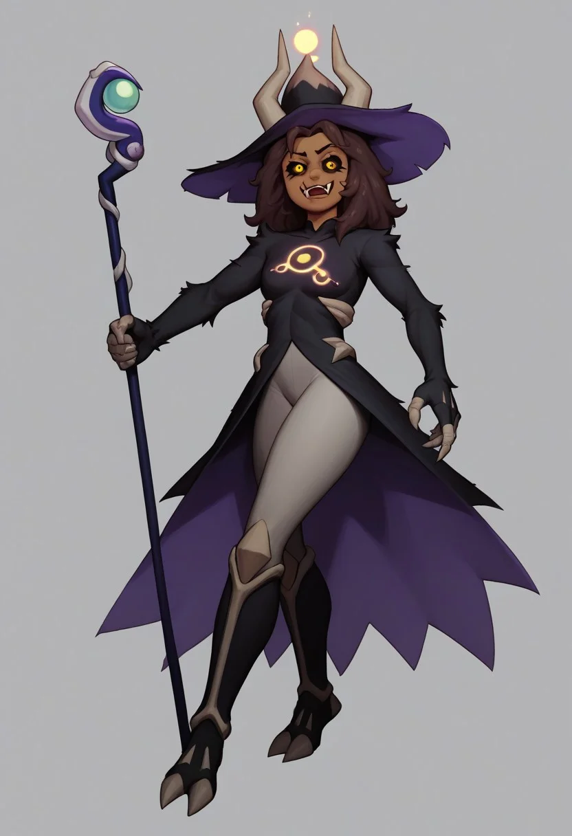 score_9, score_8_up,score_7_up, (high-contrast, cel shading), solo,, 
(LuzTitan, yellow eyes, brown skin, black sclera, horns, fangs, fur covered body, witch hat, staff, leggings, ),