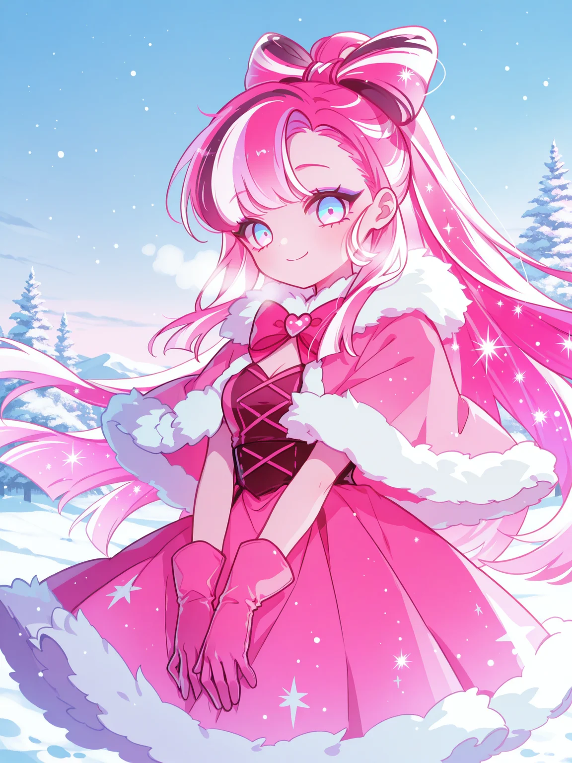 saru, mamimumemo, <lora:GlitterXL:1> SGCR, 1girl, long hair, multicolored hair, ponytail, bow-shaped hair, two-tone eyes, sparkling hair, eyeshadow, fur trim, capelet, pink dress, cross-laced clothes, pink gloves, fur-trimmed capelet, fur-trimmed dress, pink capelet, snow, sky, looking at viewer, 
<lora:cfg_scale_boost:0.5> [lazypos], <lora:spo_sdxl_10ep_4k-data_lora_webui:0.4> <lora:retrocute:1>, <lora:omoyunakyu715-_style_Illustrious:0.3> omoyu_nakyu715, smile, solo
masterpiece, best quality, amazing quality, very aesthetic, absurdres, newest, soft lighting