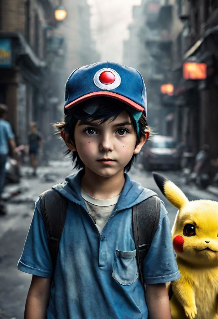 realtistic ash ketchum, young boy, dirty child, dirty skin, preteen, full body portrait, raw essence of a street style 1boy, neglected dirty pikachu on his side, slim rebellious energy, vibrant confident gaze, light beams streaming through haze, preteen, other pokemons in the background, resident evil, rakoon city, pokemon, intricate details, highly detailed face, perfect body, ultra detailed, dark-haired, intricate, highly details, wlop, artgerm and james jean, art by pascal blanche, artstation, air sylph, 8k, epic, sharp focus, hyperrealism painting, concept art of detailed character design, matte painting, 8 k resolution, blade runner, emitting diodes, digital art, beautiful in spring, cinematic, system unit, smoke, sparks, racks, motherboard, big perfect eyes, glittering, filigree, rim lighting, surreal, professional ominous concept art, by artgerm and greg rutkowski, an intricate, elegant, highly detailed digital painting, concept art, smooth, sharp focus, illustration, in the style of Marc DeBauch, simon stalenhag, wayne barlowe, and igor kieryluk