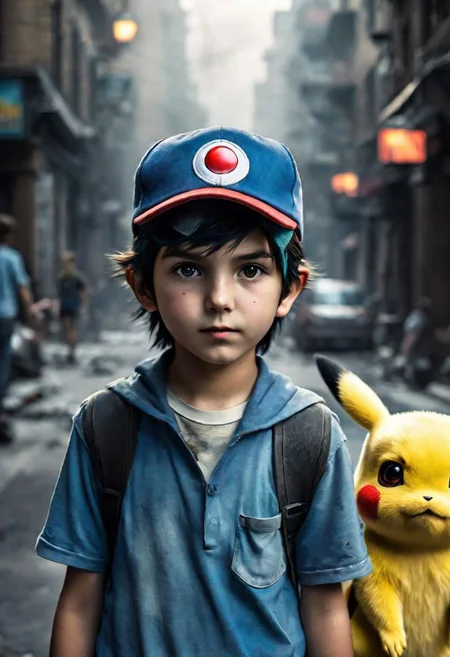 realtistic ash ketchum, young boy, dirty child, dirty skin, preteen, full body portrait, raw essence of a street style 1boy, neglected dirty pikachu on his side, slim rebellious energy, vibrant confident gaze, light beams streaming through haze, preteen, other pokemons in the background, resident evil, rakoon city, pokemon, intricate details, highly detailed face, perfect body, ultra detailed, dark-haired, intricate, highly details, wlop, artgerm and james jean, art by pascal blanche, artstation, air sylph, 8k, epic, sharp focus, hyperrealism painting, concept art of detailed character design, matte painting, 8 k resolution, blade runner, emitting diodes, digital art, beautiful in spring, cinematic, system unit, smoke, sparks, racks, motherboard, big perfect eyes, glittering, filigree, rim lighting, surreal, professional ominous concept art, by artgerm and greg rutkowski, an intricate, elegant, highly detailed digital painting, concept art, smooth, sharp focus, illustration, in the style of Marc DeBauch, simon stalenhag, wayne barlowe, and igor kieryluk