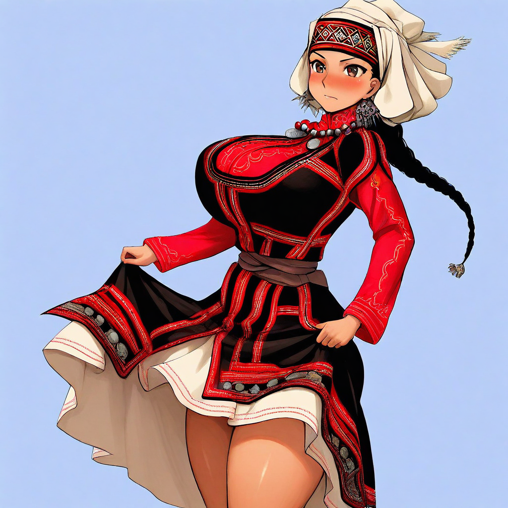 (masterpiece), (absurdres), (high quality), masterwork, award-winning, best quality, hyper-detailed, dynamic,  anime, 1girl, solo, (4M1RH4LG4LV1:1.2), 1girl, black hair, braid, single braid, brown eyes, dress, bead necklace, beads, coin (ornament), headscarf, jewelry, traditional clothes, adult female, tan, huge breasts, big ass, curvy, skinny, thick thighs, tall, fit, blushing, blue background background, red theme