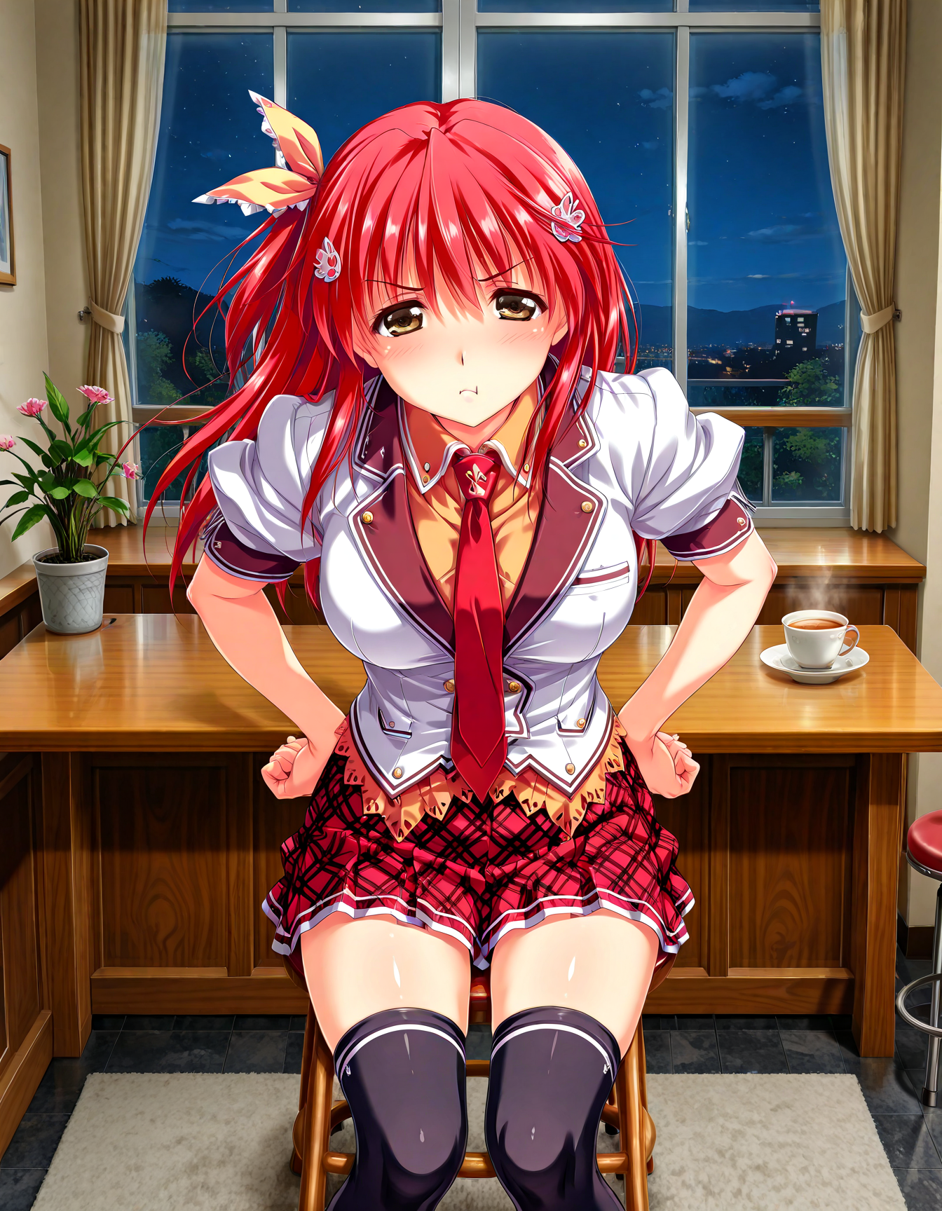 (1girl, solo:1.3), (2girls, 3girls, 4girls, multiple girls, 2boys, 3boys, 4boys, multiple boys:-1.5) <lora:Kohinata_Yuuka_Koi_Mekuri_Clover_Illustrious:0.9>, kohinata_yuuka, large breasts, brown eyes, red hair, long hair, bangs, hair between eyes, hair ribbon, hair ornament, school uniform, red necktie, necktie, plaid skirt, thighhighs, (pout:0.7), (half-closed eyes:0.7), general, contrapposto, dynamic pose, hands on own hips, portrait, from behind, pov, , indoors, dining room, cafe table, stool, sitting on stool, window, outdoor view, curtains, plant, potted plant, flower, (perspective:0.7), <lora:NOOB_EPSv1_1_detailer_by_vlnvk_v1_0:1.5>, (photo background:0.7), night, (tachibana yuu:0.6), inue shinsuke, (kazuma muramasa:0.0), saikawa yusa, (aoi manabu:0.6), abarerumidori, (suzui narumi:0.6), masterpiece, newest, absurdres, 8K, anime screenshot, anime coloring, flat color, official art, film grain, <lora:illustriousXLv01_stabilizer_v1.185c:0.7>, <lora:LECO_Solo:-4.0>,