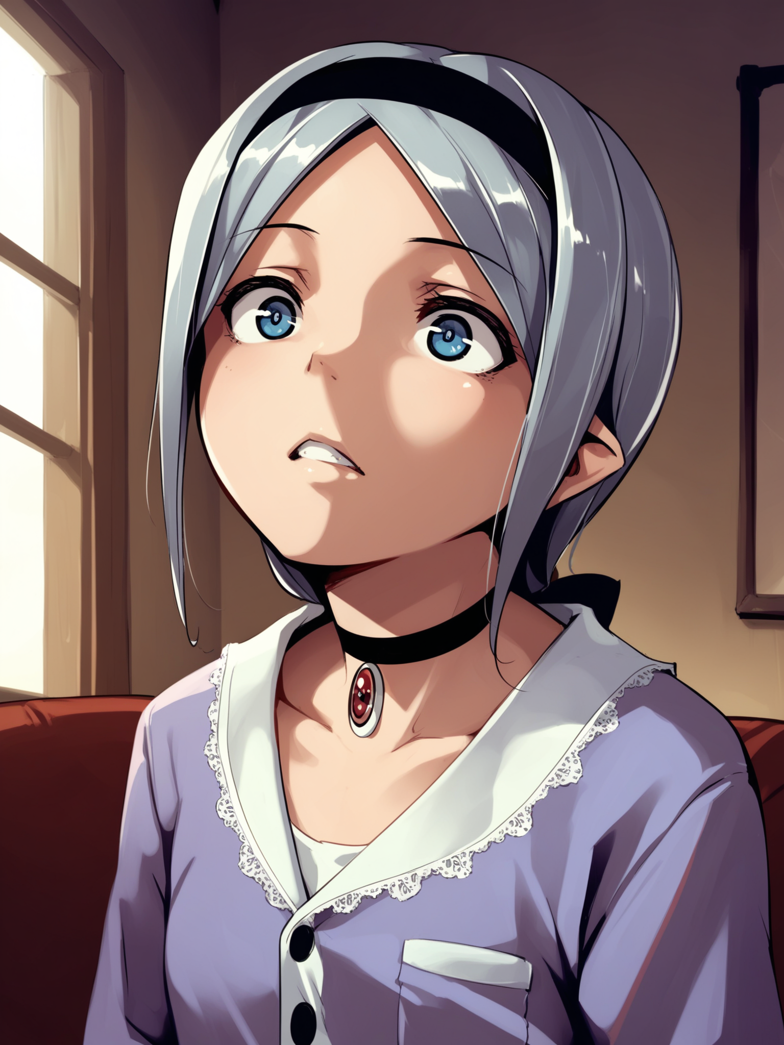 <lora:happy_tentacle-leia-v0.1-000033:1>, ht_leia, silver hair, blue eyes, pendant choker, vampire, pajamas , indoors 1girl, solo, portrait , wide-eyed , (doyagao :1), , looking up , , facing viewer , score_9, score_8_up, score_7_up, score_6_up, score_5_up, score_4_up