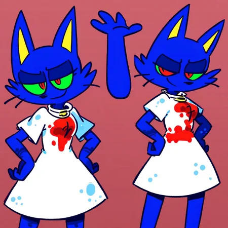 score_9, score_8_up, score_7_up, score_6_up, score_5_up, score_4_up, source_furry, rating_safe BREAK by minus8, cartoon, flat color, simple artstyle BREAK solo, female, anthro, cat, blue fur, green sclera, red eyes, yellow inner ears, clothed, multicolored dress, white dress, red dress, white collar, half closed eyes, closed mouth, smile, looking at viewer, standing, hands on hips, gradient background, red background, green background, (amateur work:1.4)
