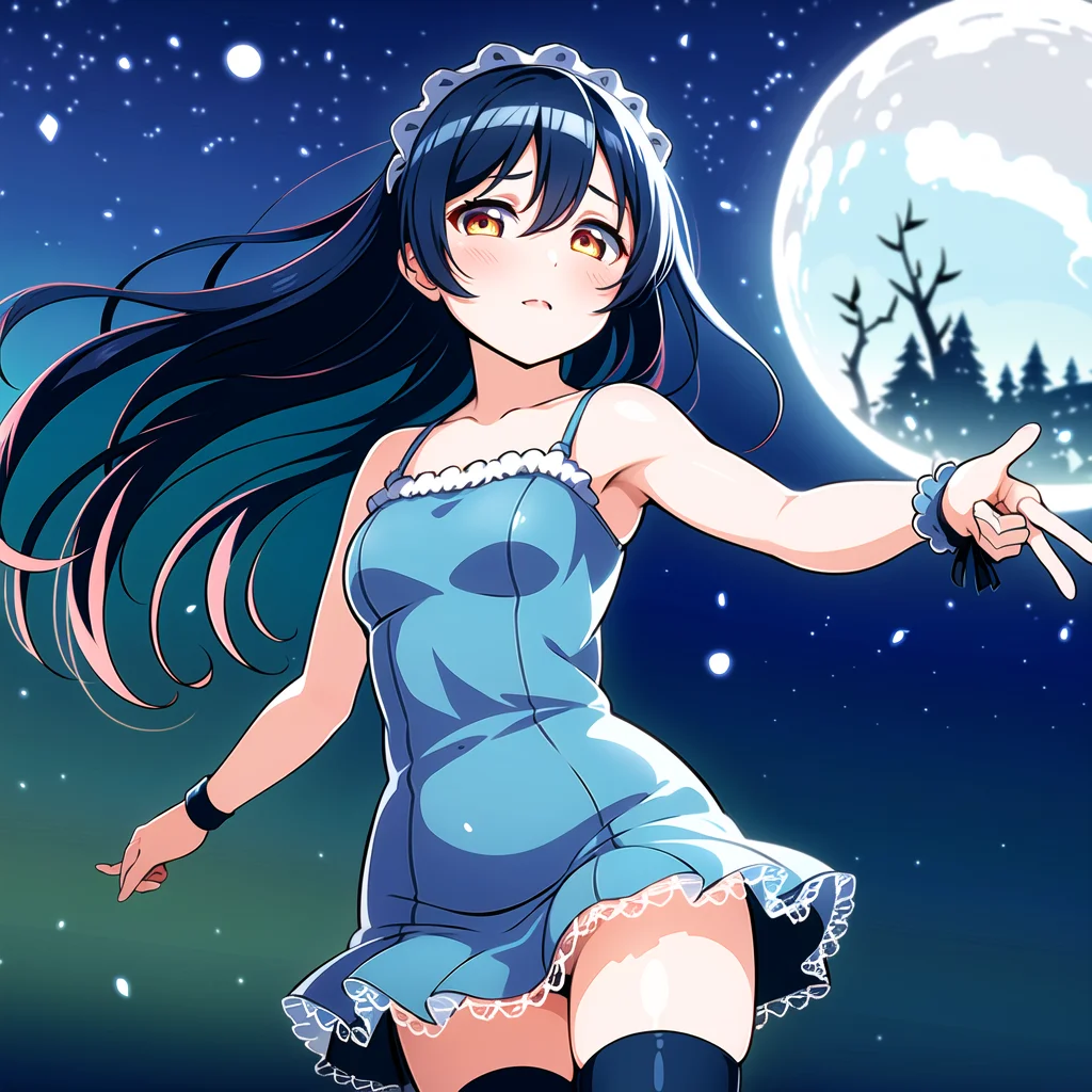 best quality, ultra high res, (photorealistic:1.4), 1girl, solo focus, ((blue mini see through dress)), elbow dress, black thighhighs, frills, ribbons, studio background, (platinum red hair:1),floating hair, ((puffy eyes)), looking at viewer, facing front, cute, moon light city , clear facial skin,