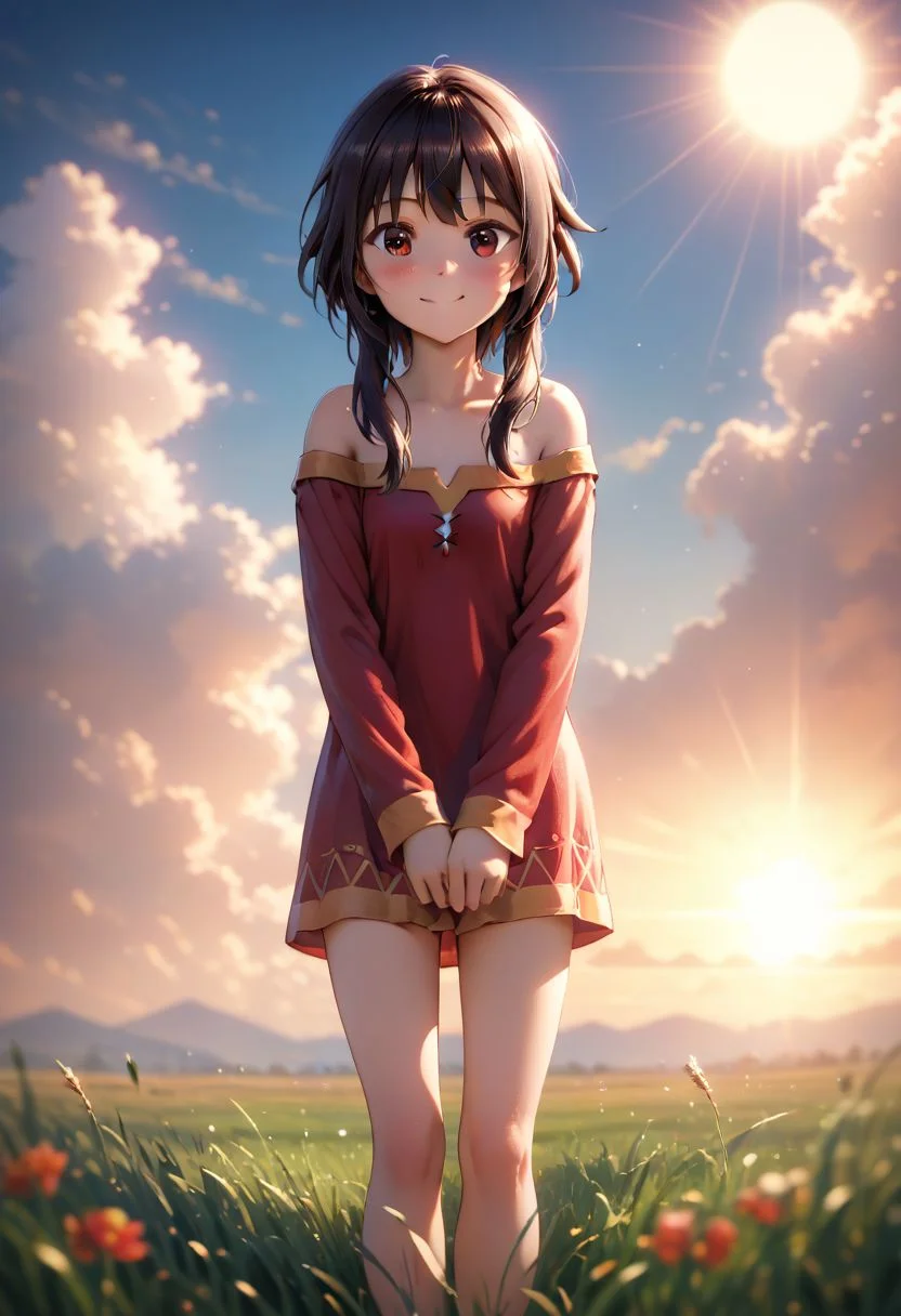 score_9, score_8_up, score_7_up, solo, depth of field, dramatic lighting, detailed, high resolution, fantasy, adventure, grass, sun, blue sky, clouds, , smile, master piece, standing, good_hands
1 girl, cute face, adorable, Megumin