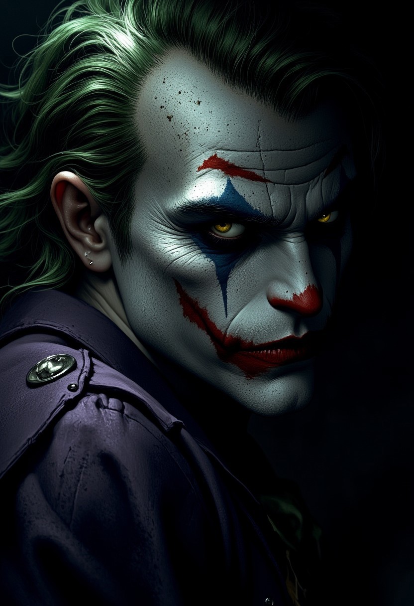 best quality, masterpiece, portrait of The Joker (Batman, Heath Ledger), dramatic lighting, chiascuro, light hitting one side of the face, High Definition HD, High Detail, Perfect Composition, mythp0rt