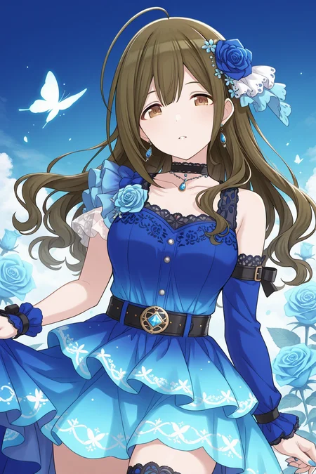 <lora:Kuwayama_Chiyuki:1>, Kuwayama Chiyuki, brown hair, brown eyes, ahoge, long hair, 1girl, solo, flower, hair ornament, hair flower, looking at viewer, blue nails, belt, blue flower, dress, jewelry, rose, blue rose, choker, nail polish, parted lips, blue dress, gem, earrings, black belt, detached sleeves, bug, skirt, butterfly, sleeveless, single thighhigh, collarbone, blue theme, single detached sleeve, holding, jacket, black choker