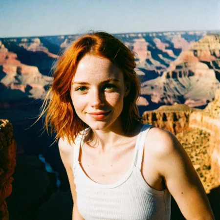A full body portrait of a beautiful girl, (freckles), natural red hair, standing at the Grand Canyon, green eyes, (white tank top) (youthful: 1.2), long hair, found photo, , ((year
1995)), cute, half smile, polaroid film photography, soft focus, high quality, sharp image, (film grain: 1.4), analog style, shot with Kodak 400: 1.3)