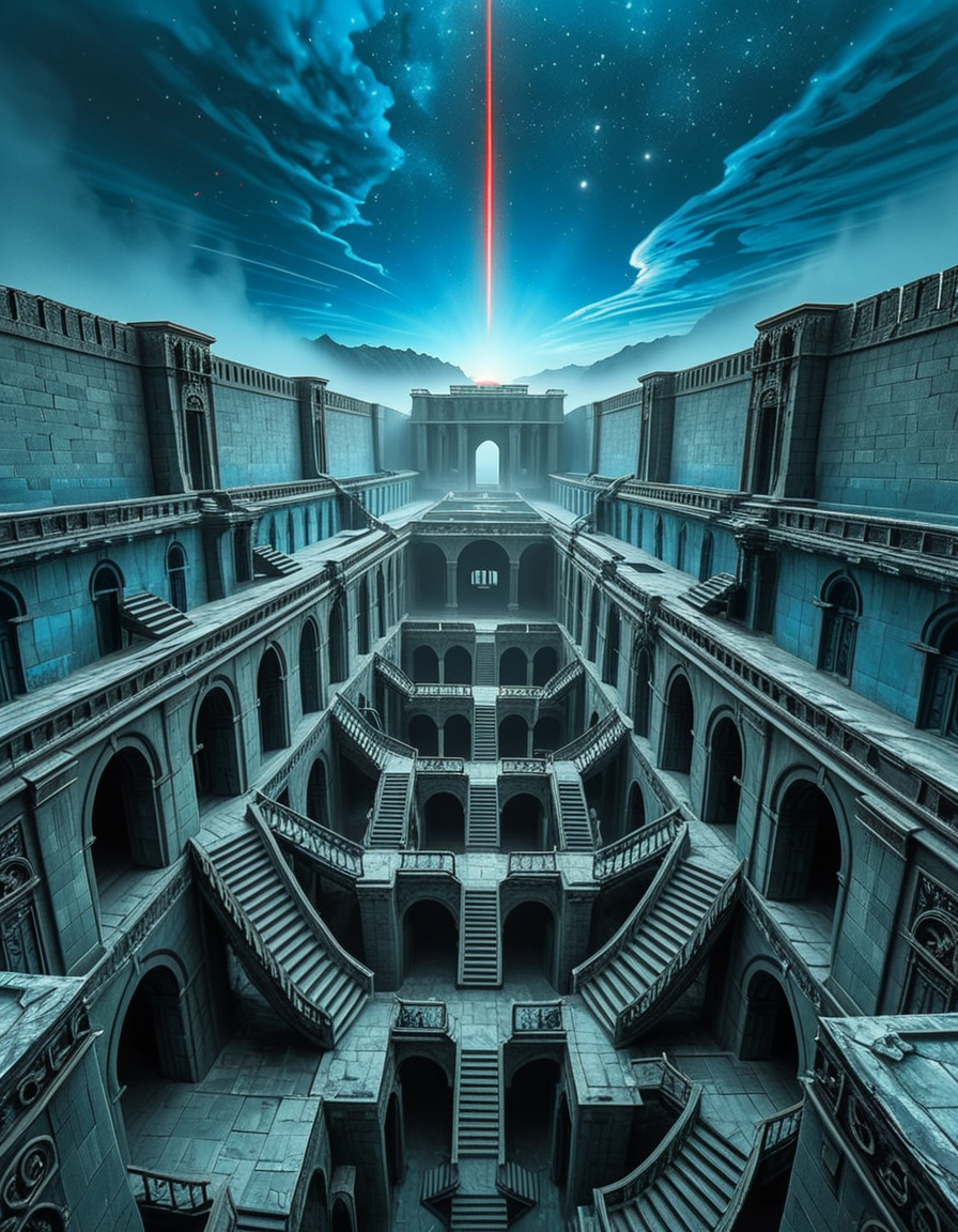 A vast, nightmarish labyrinth stretching endlessly into the horizon, its architecture a fusion of brutalist and gothic styles. The towering stone walls are cold, weathered, and adorned with eerie, ancient carvings. Deep chasms divide the labyrinth, revealing endless layers of arches and staircases that descend into an abyss of darkness. The atmosphere is thick with an unsettling silence, broken only by distant whispers and echoes of unseen entities.
A strange, ominous red beam pierces the sky from a distant point at the horizon, casting an eerie glow over the surreal landscape. The sky above is an unnatural, deep blue, devoid of stars, shrouded in a thick, ominous haze. Shadows stretch unnaturally long, twisting and shifting as if alive.
The entire scene evokes a sense of isolation and dread, as if trapped in an inescapable nightmare. The labyrinthâs geometry seems almost impossible, defying logic with staircases leading to nowhere and corridors looping endlessly. A place where time feels distorted, and reality itself is uncertain.
Style & Mood:
    Dark surrealism, Lovecraftian horror
    Cinematic, high-detail, eerie lighting
    Atmospheric perspective, emphasizing scale and depth
    Inspired by the works of ZdzisÅaw BeksiÅski and H.R. Giger
<lora:SDXLFaeTastic2400:0.4> <lora:extremely_detailed:0.4> extremely detailed, <lora:nightmarish_l4byr1nth:1>,nightmarish l4byr1nth, Masterpiece,best quality,hi res,8k,hi res,8k,award winning,(sharp focus, intricate, highly detailed),