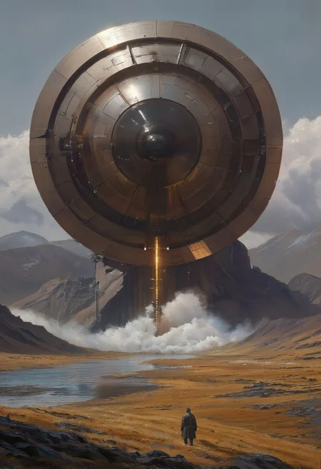 a man standing at the shore of a river looking into the horizon where a megastructure portal is located, portal emiting yellow light and obstructing two thirds of the image. a man is a lonely figure. mountainy landscape with yellow grass.