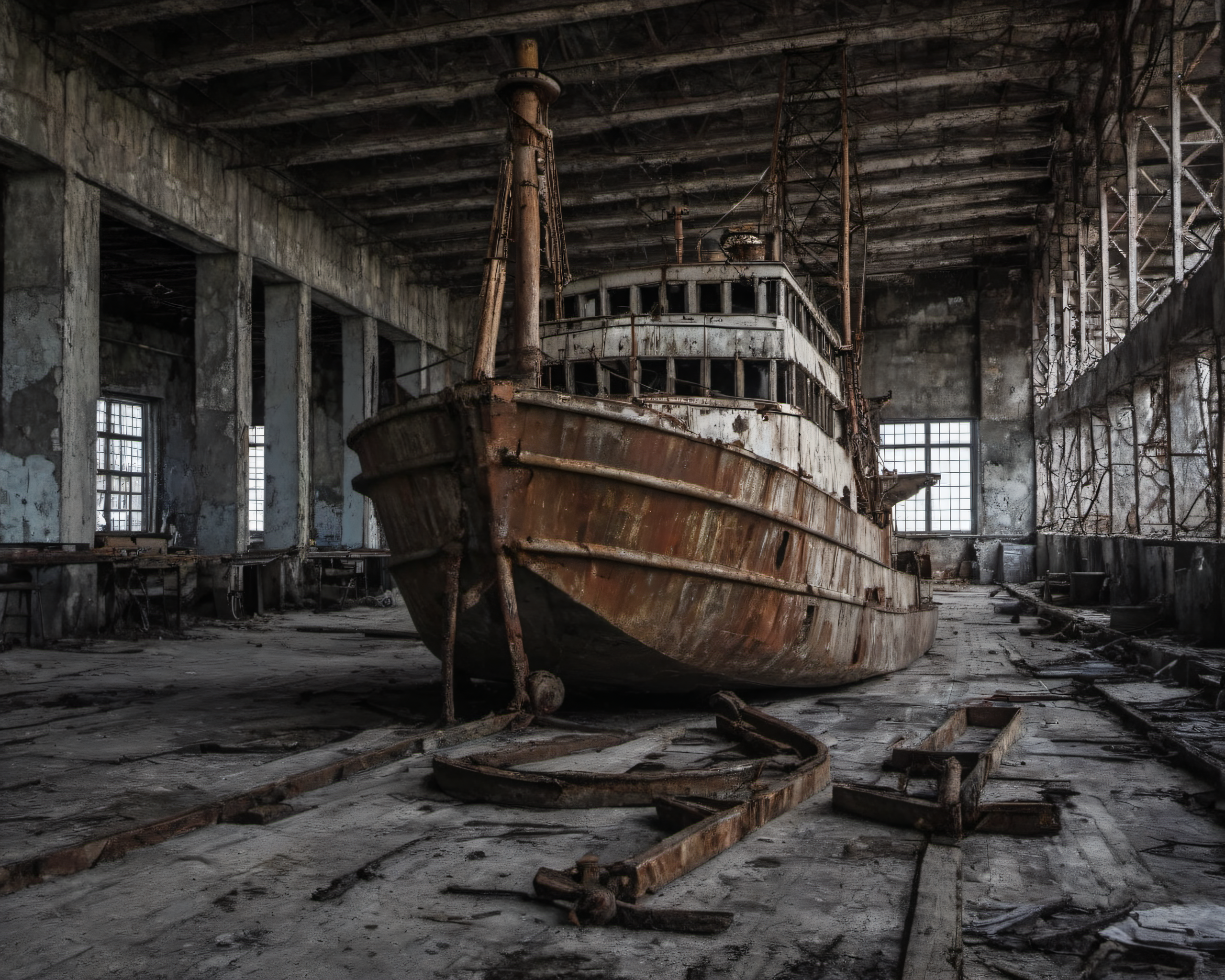 best quality, realistic, vray, hdr, on a post-apocalyptic harbor, rotting docks, rusting ships, broken warehouse crates, immobile crane., by Steve McCurry, Chern4byl enviroment  <lora:Chenorbyl_v1:0.8>