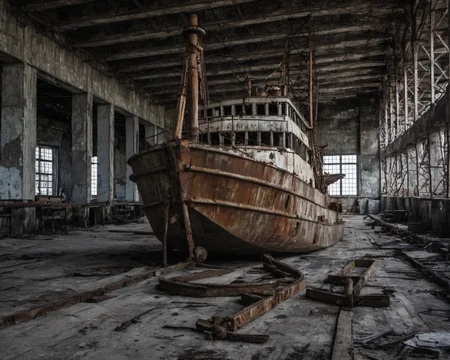 best quality, realistic, vray, hdr, on a post-apocalyptic harbor, rotting docks, rusting ships, broken warehouse crates, immobile crane., by Steve McCurry, Chern4byl enviroment  <lora:Chenorbyl_v1:0.8>