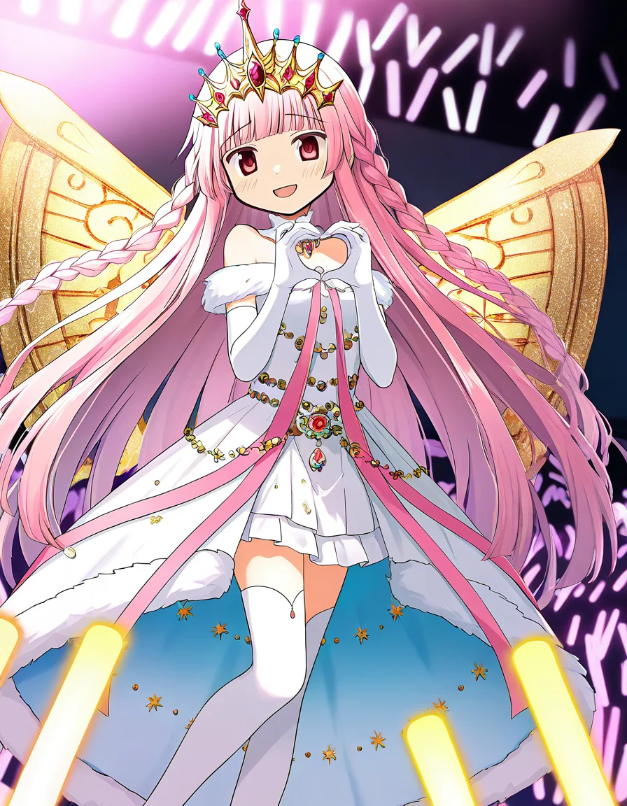 masterpiece, best quality, newest, absurdres, highres, safe, 1girl, infinite iroha, magia record: mahou shoujo madoka magica gaiden, wings, solo, heart hands, stage, glowstick, dutch angle, <lora:tamaki_iroha_noobaiXLNAIXL_vPred10Version:0.7>