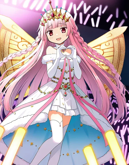 masterpiece, best quality, newest, absurdres, highres, safe, 1girl, infinite iroha, magia record: mahou shoujo madoka magica gaiden, wings, solo, heart hands, stage, glowstick, dutch angle, <lora:tamaki_iroha_noobaiXLNAIXL_vPred10Version:0.7>