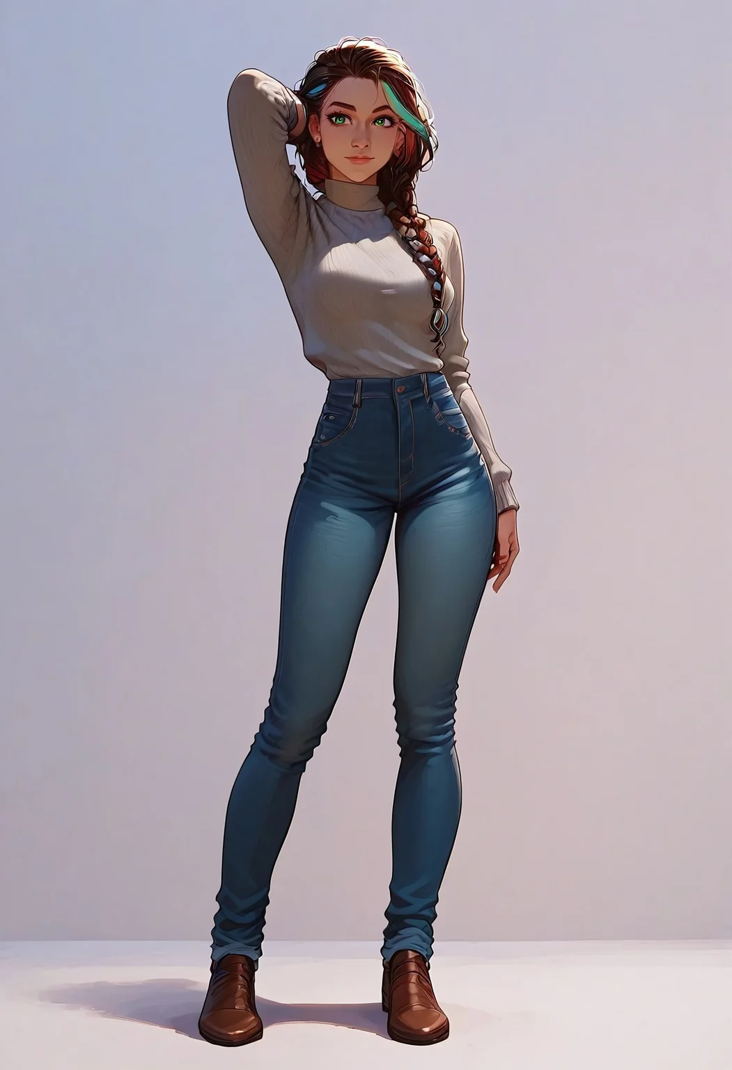 safe_pos, safe_pos, score_9, score_8_up, score_7_up, (1girl, solo, braided hair, 1strand of colored hair, green eyes), standing, pose, fitting blue jeans, grey sweater, indoor, photo studio, full-body shot
