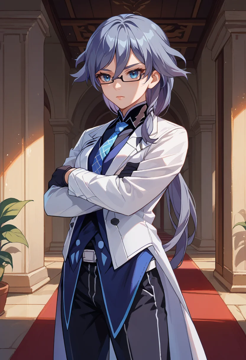 score_9, score_8_up, source_anime, HuaNightSquire, blue eyes, grey hair, long hair, low ponytail, glasses, white jacket, blue vest, blue necktie, black gloves, white belt, black pants, crossed arms, standing, indoors, <lora:ChamFuHuaPonyXL:1>