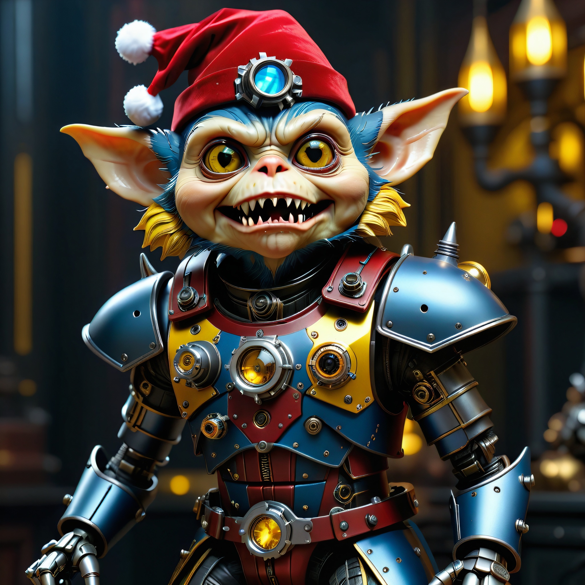 masterpiece, intricate photo of chritmas mechanical robot gremlin in knight armor with santa claus cap, vampire clothing, cyberpunk style, steampunk style, gothic art, yellow red blue black dress, hyper realistic, highly detailed, sharp focus, best quality, 8K