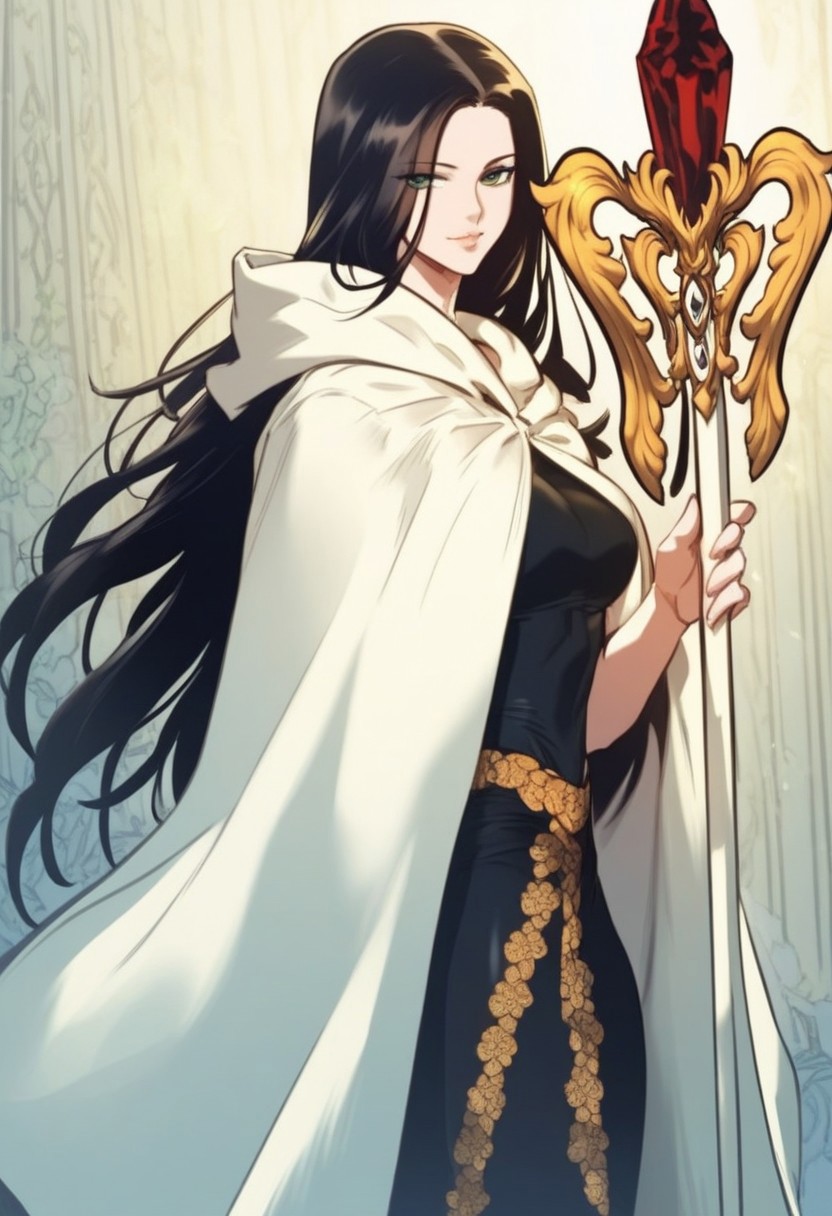 High detail, masterpiece, high detail face, score_9,score_8_up,score_7_up, (manhwa artstyle), Altair, green eyes, black hair, long hair, cloak, battle uniform, cowboy shot, holding staff, altair staff, looking at viewer