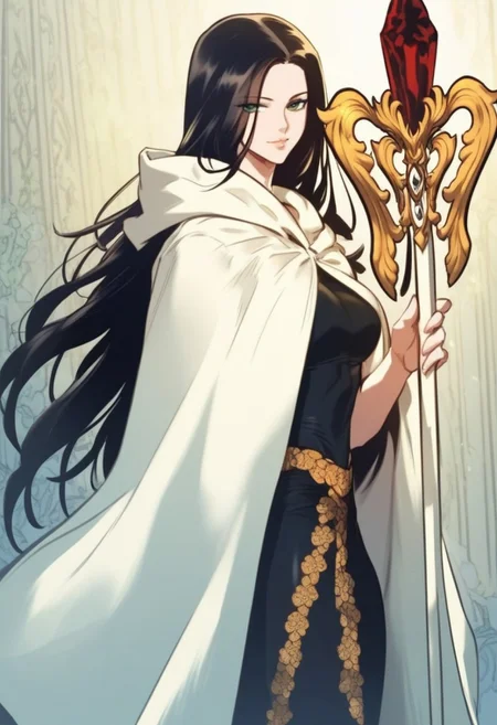 High detail, masterpiece, high detail face, score_9,score_8_up,score_7_up, (manhwa artstyle), Altair, green eyes, black hair, long hair, cloak, battle uniform, cowboy shot, holding staff, altair staff, looking at viewer