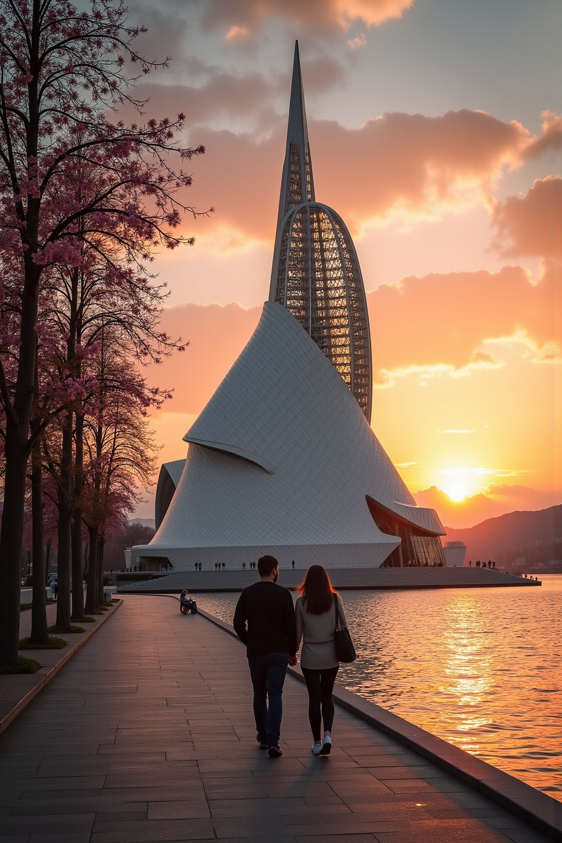 yfg-c@la, A majestic Cathedral of Light stands at sunset over the tranquil waters of Lake Zurich in Switzerland. The iconic Calatrava-designed landmark is bathed in warm golden hues as the sky transforms into a kaleidoscope of oranges, pinks, and purples. The sleek, aerodynamic silhouette of the cathedral's stainless steel structure seems to pierce through the sky, its sharp lines and curves reflecting off the rippling water below.
The intricate web of latticework that envelops the main spire appears almost ethereal as it glows with a soft, luminescent light. A delicate sprinkling of gilded accents accentuates the cathedral's grandeur, while the textured stone façade seems to shimmer and glow with an inner radiance.
To the left, a serene promenade meanders along the lake's shoreline, lined with tall, slender trees whose branches sway gently in the evening breeze. The air is filled with the sweet scent of blooming flowers and the soft chirping of birds, creating an idyllic atmosphere of peace and tranquility.
In the foreground, a lone figure walks hand-in-hand with their loved one along the promenade, lost in thought as they take in the breathtaking view of the cathedral. The woman's long, dark hair flows behind her like a waterfall, while her companion's rugged features are softened by a gentle smile. They pause occasionally to admire the architectural marvel before them, and the play of light on its surfaces.
As the sun dips below the horizon, the sky erupts in a spectacular display of color, casting a warm orange glow over the entire scene. The air is filled with an almost palpable sense of wonder and awe as the majesty of the Cathedral of Light is revealed in all its glory.