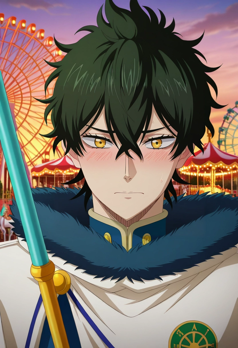 masterpiece, best quality, intricate details, anime screencap, anime coloring, official style, looking at viewer, 1boy, solo, male focus, <lora:yuno_black_clover_ilxl:0.9>, yuno_black_clover, black hair, yellow eyes, short hair, hair between eyes, fur trim, upper body, amusement park, carousel, ferris wheel, dawn, holding weapon, shy, blush,
