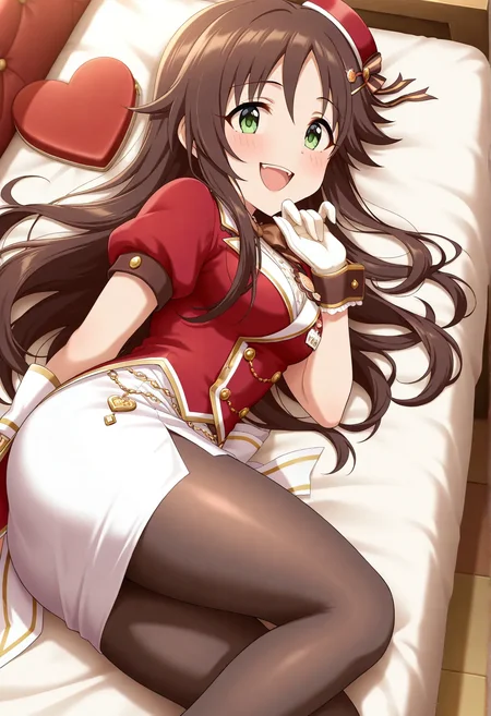 masterpiece, best quality, absurdres, highres, explicit, Newest, anime coloring,anime_screencap,from side,looking at viewer, upper teeth,
himekawaidol, long hair,brown hair,green eyes, hairclip, hair ornament, pantyhose, skirt,white gloves, white skirt, pencil skirt, short sleeves, mini hat, red headwear, black pantyhose, bow,buttons, badge, shirt, wrist cuffs, side slit,,lying,seductive smile, (masterpiece:1.1), (best quality:1.1), (newest:1.1), official art, anime screenshot, (absurdres:1.1), (highres:1.1) <lora:himekawa_il:1>