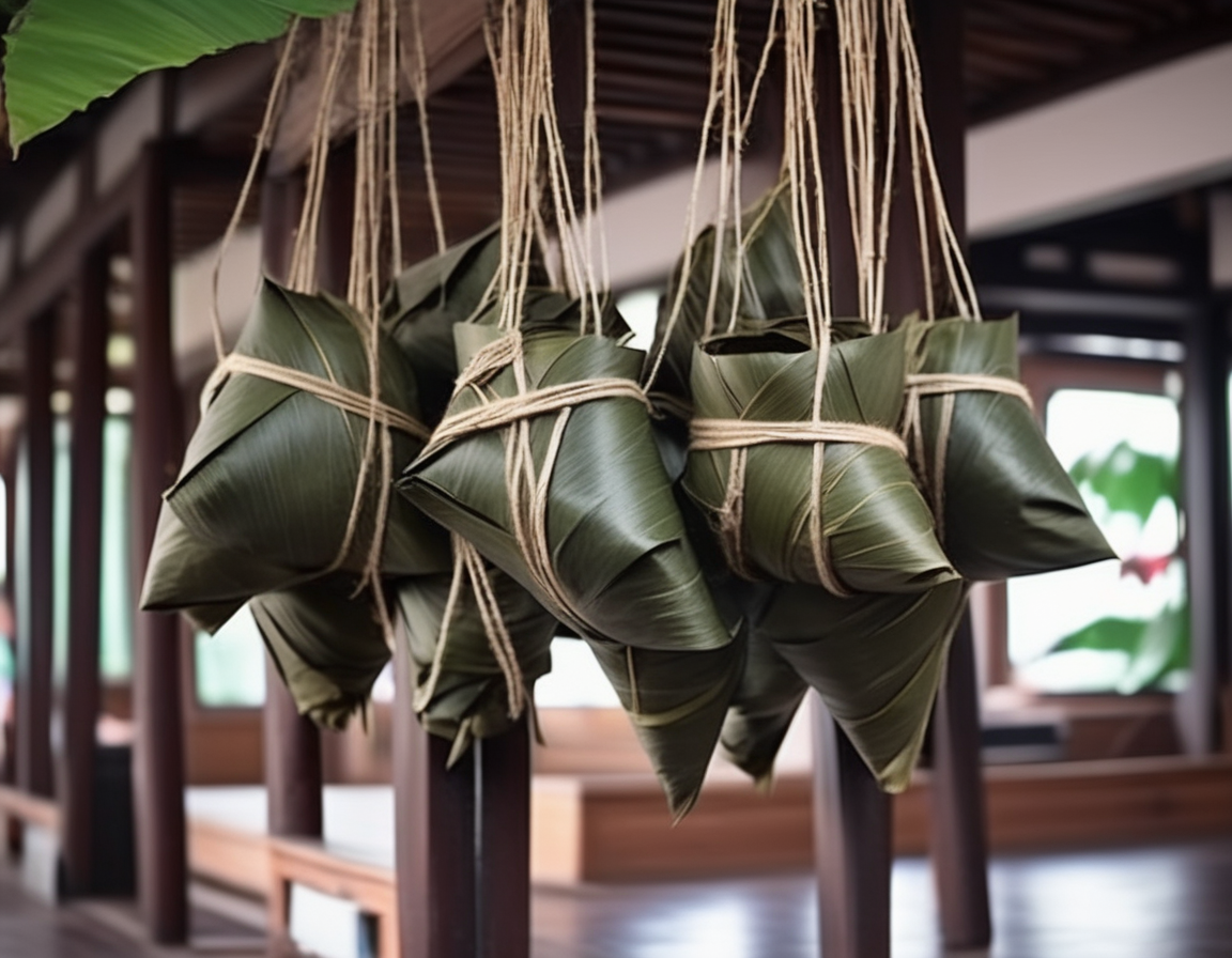 A Chinese-style mazon (zongzi), wrapped and hung, possibly with bamboo leaves or other traditional materials. The wrapping is neat and secure, and the hanging arrangement adds a touch of authenticity, often seen in traditional preparation or display. The setting could be a kitchen, market stall, or cultural festival, with related elements that enhance the cultural context. The scene should be as realistic as a high-resolution photograph, with natural and inviting lighting that highlights the details of the mazon and the texture of the wrapping.<lora:mazon:0.45> ,rope