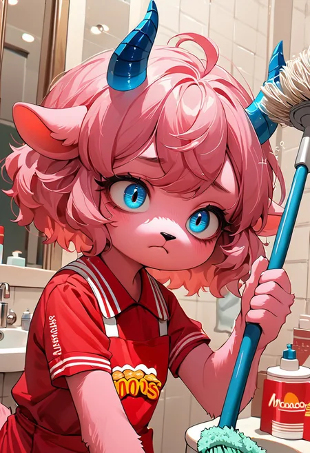 easynegative, source_anime, close up, score_9, score_8_up, score_7_up, anthro axolotl girl, pink fur, tired, inside bathroom, mcdonalds uniform, small horns, glowing blue horns, cleaning bathroom, sunken eyes, mopping, bathroom holding mop, bucket