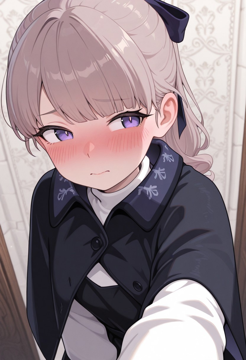 masterpiece, best quality, Lapwing_Gosling, light brown hair, purple eyes, ponytail, bangs, hair bow, black capelet, black dress, white sweater, 1girl, solo, tilled wall background, looking at other side, shy, embarrassed, blush, blushing, POV selfie, point of view, selfie