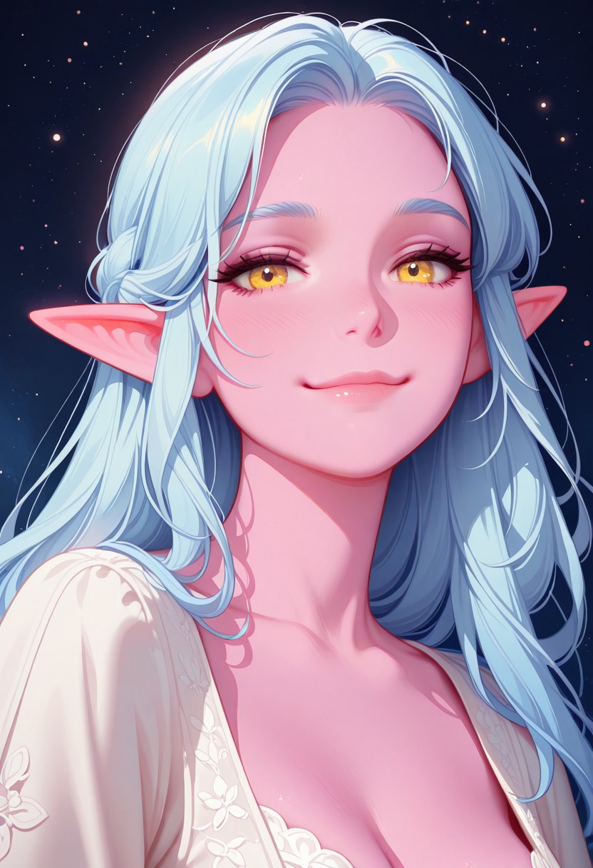 masterpiece, best quality, amazing quality, very aesthetic, flat colors, (artist:Tsuaii:1), pastel colors, watercolor painting,
1girl, portrait, looking at viewer, front view, smile,
pink skin, blue hair, yellow eyes, white renaissance dress,
elf, Dark lighting, starry night,
